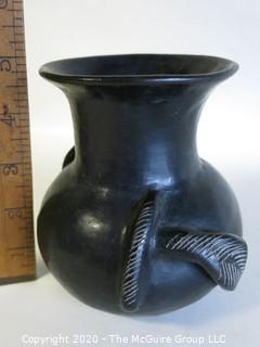 Hand Thrown Black Clay Vase with Applied Decoration. As Is. In the style of Barro Negro Pottery of Oaxaca, Mexico. Approximately 5" X 4"