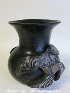 Hand Thrown Black Clay Vase with Applied Decoration. As Is. In the style of Barro Negro Pottery of Oaxaca, Mexico. Approximately 5" X 4"