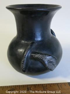 Hand Thrown Black Clay Vase with Applied Decoration. As Is. In the style of Barro Negro Pottery of Oaxaca, Mexico. Approximately 5" X 4"