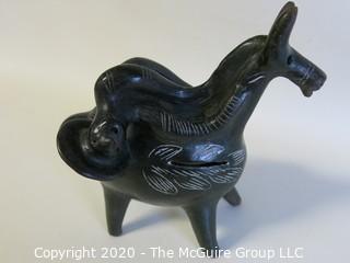 Small Hand Made Black Clay Pottery Donkey Figurine.  In the style of Barro Negro Pottery of Oaxaca, Mexico. Approximately 7" x 7"