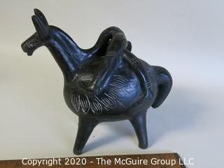 Small Hand Made Black Clay Pottery Donkey Figurine.  In the style of Barro Negro Pottery of Oaxaca, Mexico. Approximately 7" x 7"