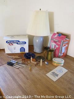 Collection including Hall bowl, toaster, electric kettle, napkin folding pamphlet,  serving knives and table lamp 