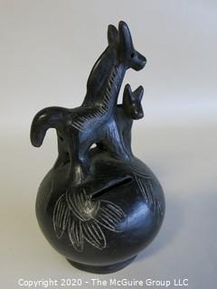 Hand Made Black Clay Pottery Coin Bank with Animal Figures on Top. In the style of Barro Negro Pottery of Oaxaca, Mexico. Measures approximately 7" X 4"