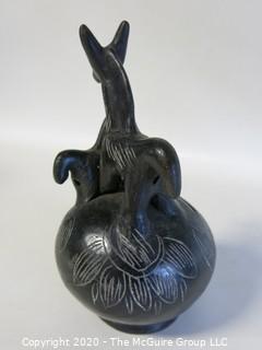 Hand Made Black Clay Pottery Coin Bank with Animal Figures on Top. In the style of Barro Negro Pottery of Oaxaca, Mexico. Measures approximately 7" X 4"