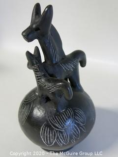 Hand Made Black Clay Pottery Coin Bank with Animal Figures on Top. In the style of Barro Negro Pottery of Oaxaca, Mexico. Measures approximately 7" X 4"