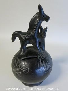 Hand Made Black Clay Pottery Coin Bank with Animal Figures on Top. In the style of Barro Negro Pottery of Oaxaca, Mexico. Measures approximately 7" X 4"