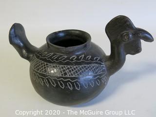 Hand Made Black Clay Pottery Tea Pot in the Shape of a Rooster. In the style of Barro Negro Pottery of Oaxaca, Mexico. Measures approximately 4" X 6".