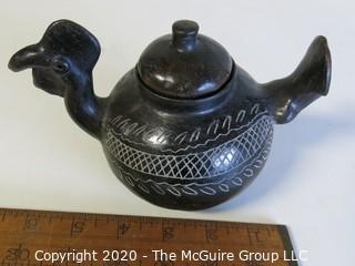 Hand Made Black Clay Pottery Tea Pot in the Shape of a Rooster. In the style of Barro Negro Pottery of Oaxaca, Mexico. Measures approximately 4" X 6".