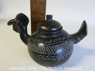 Hand Made Black Clay Pottery Tea Pot in the Shape of a Rooster. In the style of Barro Negro Pottery of Oaxaca, Mexico. Measures approximately 4" X 6".