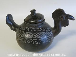 Hand Made Black Clay Pottery Tea Pot in the Shape of a Rooster. In the style of Barro Negro Pottery of Oaxaca, Mexico. Measures approximately 4" X 6".