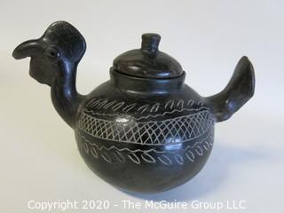 Hand Made Black Clay Pottery Tea Pot in the Shape of a Rooster. In the style of Barro Negro Pottery of Oaxaca, Mexico. Measures approximately 4" X 6".