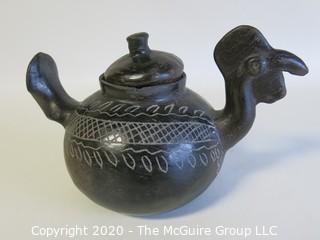 Hand Made Black Clay Pottery Tea Pot in the Shape of a Rooster. In the style of Barro Negro Pottery of Oaxaca, Mexico. Measures approximately 4" X 6".