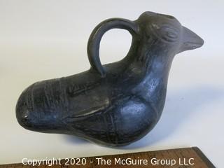 Hand Made Black Clay Pottery Bird Pitcher. In the style of Barro Negro Pottery of Oaxaca, Mexico. Measures approximately 4 1/2" X 6 1/2"