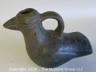 Hand Made Black Clay Pottery Bird Pitcher. In the style of Barro Negro Pottery of Oaxaca, Mexico. Measures approximately 4 1/2" X 6 1/2"