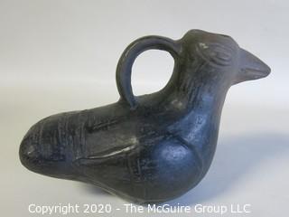 Hand Made Black Clay Pottery Bird Pitcher. In the style of Barro Negro Pottery of Oaxaca, Mexico. Measures approximately 4 1/2" X 6 1/2"