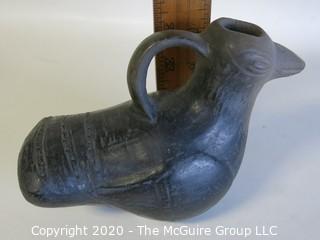 Hand Made Black Clay Pottery Bird Pitcher. In the style of Barro Negro Pottery of Oaxaca, Mexico. Measures approximately 4 1/2" X 6 1/2"