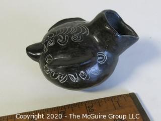 Hand Made Black Clay Pottery Figural Pitcher. In the style of Barro Negro Pottery of Oaxaca, Mexico. Measures approximately 3" x 5"