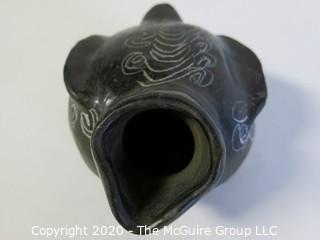 Hand Made Black Clay Pottery Figural Pitcher. In the style of Barro Negro Pottery of Oaxaca, Mexico. Measures approximately 3" x 5"