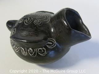 Hand Made Black Clay Pottery Figural Pitcher. In the style of Barro Negro Pottery of Oaxaca, Mexico. Measures approximately 3" x 5"