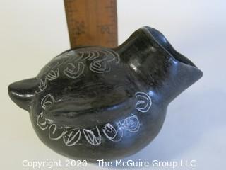 Hand Made Black Clay Pottery Figural Pitcher. In the style of Barro Negro Pottery of Oaxaca, Mexico. Measures approximately 3" x 5"