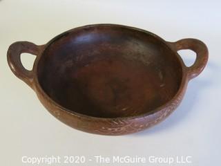 Hand Made Red Clay Pottery Double Handle Bowl. Made in Peru. Measures approximately 8" in diameter including handles