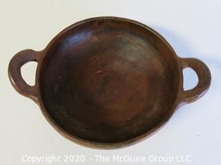 Hand Made Red Clay Pottery Double Handle Bowl. Made in Peru. Measures approximately 8" in diameter including handles