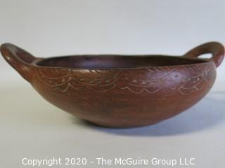 Hand Made Red Clay Pottery Double Handle Bowl. Made in Peru. Measures approximately 8" in diameter including handles