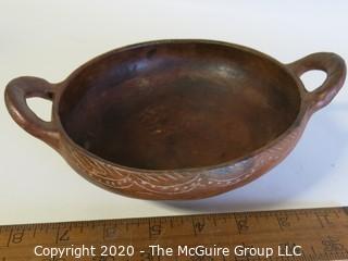 Hand Made Red Clay Pottery Double Handle Bowl. Made in Peru. Measures approximately 8" in diameter including handles