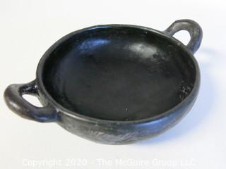 Hand Made Black Clay Pottery Double Handle Bowl. In the style of Barro Negro Pottery of Oaxaca, Mexico. Measures approximately 7" in diameter