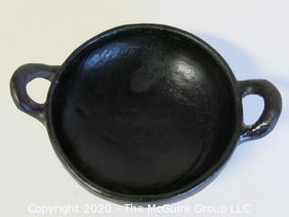 Hand Made Black Clay Pottery Double Handle Bowl. In the style of Barro Negro Pottery of Oaxaca, Mexico. Measures approximately 7" in diameter