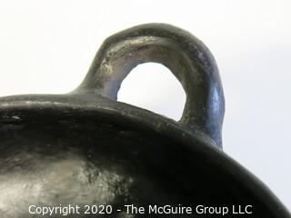 Hand Made Black Clay Pottery Double Handle Bowl. In the style of Barro Negro Pottery of Oaxaca, Mexico. Measures approximately 7" in diameter