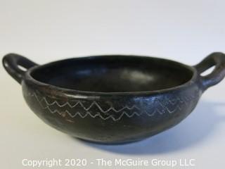 Hand Made Black Clay Pottery Double Handle Bowl with Edge Decoration. In the style of Barro Negro Pottery of Oaxaca, Mexico. Measures approximately 7" in diameter