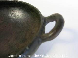 Hand Made Black Clay Pottery Double Handle Bowl with Edge Decoration. In the style of Barro Negro Pottery of Oaxaca, Mexico. Measures approximately 7" in diameter