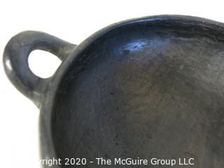 Hand Made Black Clay Pottery Double Handle Bowl with Edge Decoration. In the style of Barro Negro Pottery of Oaxaca, Mexico. Measures approximately 7" in diameter