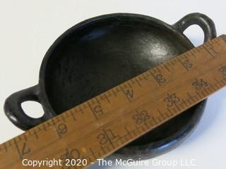 Hand Made Black Clay Pottery Double Handle Bowl with Edge Decoration. In the style of Barro Negro Pottery of Oaxaca, Mexico. Measures approximately 7" in diameter