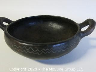 Hand Made Black Clay Pottery Double Handle Bowl with Edge Decoration. In the style of Barro Negro Pottery of Oaxaca, Mexico. Measures approximately 7" in diameter