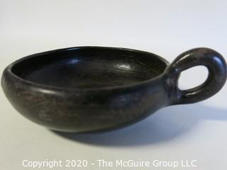 Hand Made Black Clay Pottery Single Handle Cup. In the style of Barro Negro Pottery of Oaxaca, Mexico.  Measures approximately 6" in diameter including handle