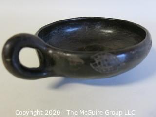 Hand Made Black Clay Pottery Single Handle Cup. In the style of Barro Negro Pottery of Oaxaca, Mexico.  Measures approximately 6" in diameter including handle