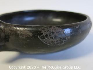 Hand Made Black Clay Pottery Single Handle Cup. In the style of Barro Negro Pottery of Oaxaca, Mexico.  Measures approximately 6" in diameter including handle