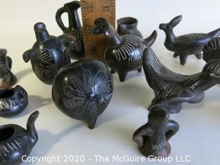 Group of 13 Hand Made Black Clay Pottery Figures and Bowls. In the style of Barro Negro Pottery of Oaxaca, Mexico.