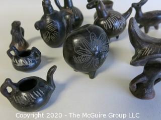 Group of 13 Hand Made Black Clay Pottery Figures and Bowls. In the style of Barro Negro Pottery of Oaxaca, Mexico.