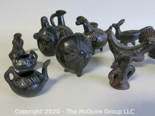 Group of 13 Hand Made Black Clay Pottery Figures and Bowls. In the style of Barro Negro Pottery of Oaxaca, Mexico.