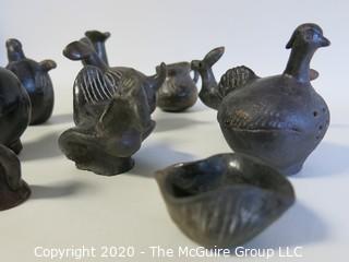 Group of 13 Hand Made Black Clay Pottery Figures and Bowls. In the style of Barro Negro Pottery of Oaxaca, Mexico.