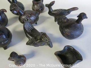 Group of 13 Hand Made Black Clay Pottery Figures and Bowls. In the style of Barro Negro Pottery of Oaxaca, Mexico.