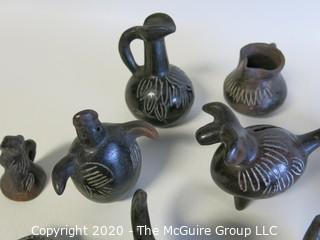 Group of 13 Hand Made Black Clay Pottery Figures and Bowls. In the style of Barro Negro Pottery of Oaxaca, Mexico.