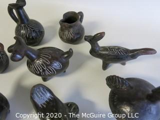 Group of 13 Hand Made Black Clay Pottery Figures and Bowls. In the style of Barro Negro Pottery of Oaxaca, Mexico.