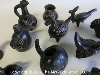 Group of 13 Hand Made Black Clay Pottery Figures and Bowls. In the style of Barro Negro Pottery of Oaxaca, Mexico.