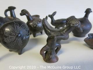 Group of 13 Hand Made Black Clay Pottery Figures and Bowls. In the style of Barro Negro Pottery of Oaxaca, Mexico.