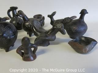 Group of 13 Hand Made Black Clay Pottery Figures and Bowls. In the style of Barro Negro Pottery of Oaxaca, Mexico.