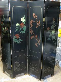 Asian Black Lacquer Four Panel Floor Screen Room Divider - Hand Painted with Brass Accents. Each panel measures approximately 16" wide X 72" tall.  Total length approximately 64" long.